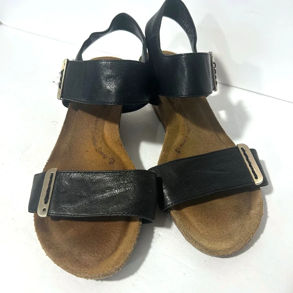 Sofft Wedge Sandals Womens 8M Black Leather Ankle Strap FS0002001 Comfort Boho